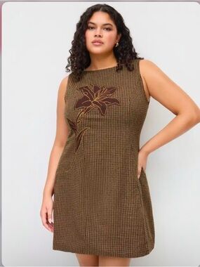 Cider Boat Neck Houndstooth Floral Applique Mini Dress Curve & Plus Size XL
